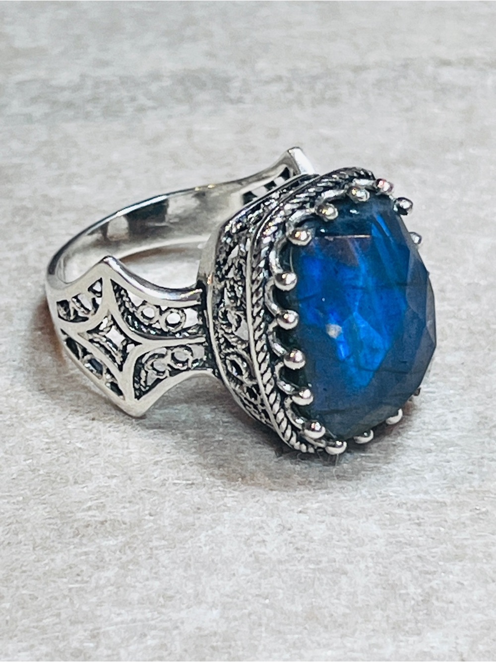 Sterling Ring Silver Blue Labradorite signed JDG Statement Ring